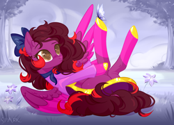Size: 2364x1700 | Tagged: safe, artist:spark, oc, oc:cassandra carat, butterfly, pegasus, pony, bow, clothes, dress, female, flower, hair bow, mare, neckerchief, pegasus oc, solo, story included