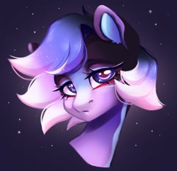 Size: 1094x1060 | Tagged: safe, artist:melodylibris, oc, oc only, pony, bust, ethereal mane, female, frown, gradient mane, looking at you, mare, solo, starry background, starry mane