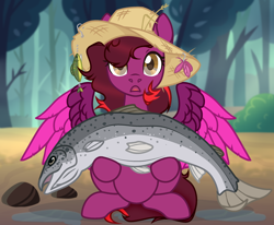 Size: 2496x2054 | Tagged: safe, artist:pritonarts, oc, oc:cassandra carat, fish, pegasus, pony, trout, female, fishing hat, fishing lure, hat, high res, mare, pegasus oc, solo, story included, surprised