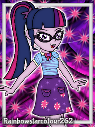 Size: 768x1024 | Tagged: safe, artist:rainbowstarcolour262, part of a set, sci-twi, twilight sparkle, human, series:equ wallpapers, equestria girls, g4, my little pony equestria girls: better together, :d, abstract background, clothes, cute, cutie mark background, cutie mark on clothes, female, geode of telekinesis, glasses, happy, magical geodes, open mouth, open smile, part of a series, ponytail, shirt, signature, skirt, smiling, solo, twiabetes