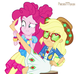 Size: 1096x1040 | Tagged: safe, artist:paco777yuyu, edit, edited screencap, screencap, applejack, pinkie pie, human, accountibilibuddies, accountibilibuddies: pinkie pie, equestria girls, equestria girls specials, g4, my little pony equestria girls: better together, my little pony equestria girls: sunset's backstage pass, apple, background removed, barefoot, curious, cute, duo, duo female, feet, feet up, female, fetish, food, foot fetish, foot focus, legs, music festival outfit, simple background, transparent background