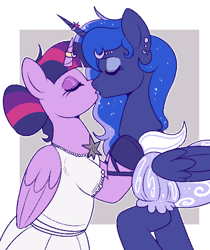 Size: 566x674 | Tagged: safe, artist:lulubell, princess luna, twilight sparkle, alicorn, pony, g4, clothes, dress, duo, ear piercing, earring, eyes closed, eyeshadow, female, folded wings, gray background, hoof shoes, horn, horn ring, imminent kissing, jewelry, kiss on the lips, kissing, lesbian, lesbian wedding, makeup, marriage, passepartout, piercing, redraw, ring, ship:twiluna, shipping, simple background, twilight sparkle (alicorn), wedding, wedding dress, wedding ring, white background, wings
