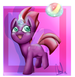 Size: 1024x1061 | Tagged: safe, artist:paintcoloryt, fizzlepop berrytwist, tempest shadow, pony, unicorn, g4, broken horn, cute, deviantart watermark, female, filly, filly tempest shadow, foal, glowing, glowing horn, horn, looking up, magic, obtrusive watermark, open mouth, signature, solo, tempestbetes, watermark, younger