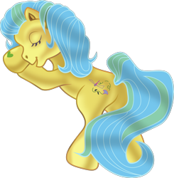 Size: 5641x5754 | Tagged: safe, artist:php178, artist:robbin cuddy, artist:thompson brothers, meadowbrook (g3), dragonfly, earth pony, insect, pony, my little pony: hide-and-seek, g3, .svg available, 2023, anniversary, artist interpretation, bipedal, bipedal leaning, butt, eyes closed, female, flower, i can't believe it's not hasbro studios, leaning, leaves, mare, open mouth, plot, praying, scene interpretation, simple background, solo, special, standing, svg, tail, transparent background, two toned mane, two toned tail, vector, vector trace