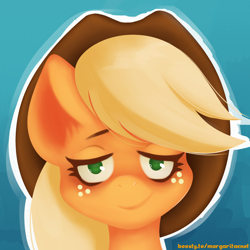 Size: 2000x2000 | Tagged: safe, artist:margaritaenot, applejack, earth pony, pony, g4, blue background, bust, gradient background, hat, high res, portrait, solo
