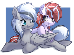 Size: 2404x1784 | Tagged: safe, artist:witchtaunter, oc, oc only, oc:crystal flake, pegasus, pony, unicorn, chest fluff, cuddling, cute, duo, ear fluff, fangs, high res, looking at each other, looking at someone, simple background