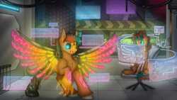 Size: 1920x1080 | Tagged: safe, artist:molars, oc, oc only, cyborg, pegasus, pony, unicorn, city, claws, commission, cybernetic eyes, cyberpunk, detailed background, hologram, projection, raised leg, screens, siblings, talons, twins, unshorn fetlocks, wires