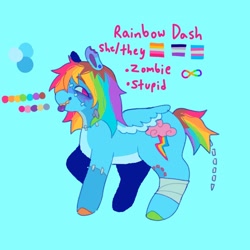 Size: 1440x1440 | Tagged: safe, artist:ariariari.png, rainbow dash, pegasus, pony, undead, zombie, zombie pony, g4, alternate cutie mark, alternate universe, asexual, asexual pride flag, bandage, bandaged leg, blue background, bone, color palette, colored hooves, colored tongue, colored wings, colored wingtips, cyan background, ear piercing, earring, female, jewelry, lesbian, lesbian pride flag, minecraft, mismatched hooves, neurodivergent, pale belly, piercing, pride, pride flag, pronouns, purple tongue, raised hoof, reference sheet, sharp teeth, short tail, simple background, solo, spread wings, standing, stitched body, stitches, tail, teeth, tongue out, torn ear, transgender, transgender pride flag, wings