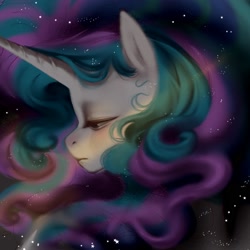 Size: 1685x1688 | Tagged: safe, artist:frowoppy, princess celestia, alicorn, pony, g4, bust, lidded eyes, portrait, profile, sad, solo, stars