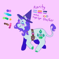 Size: 1440x1440 | Tagged: safe, artist:ariariari.png, rarity, pony, unicorn, g4, alternate cutie mark, alternate eye color, alternate universe, asexual, asexual pride flag, bag, beauty mark, braid, color palette, colored hooves, eyeshadow, female, hat, leonine tail, lesbian, lesbian pride flag, lidded eyes, makeup, mare, minecraft, neurodivergent, pink background, potion, pouch, pride, pride flag, pronouns, reference sheet, simple background, solo, tail, text, transgender, transgender pride flag, trotting, witch, witch hat