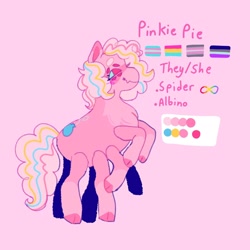 Size: 1440x1440 | Tagged: safe, artist:ariariari.png, pinkie pie, monster pony, original species, pony, spiderpony, g4, albino, alternate color palette, alternate eye color, alternate universe, asexual, asexual pride flag, beanbrows, chest fluff, cloven hooves, coat markings, color palette, colored hooves, demigirl, demigirl pride flag, eight legs, eyebrows, fangs, female, mare, minecraft, multiple eyes, multiple legs, multiple limbs, neurodivergent, pansexual, pansexual pride flag, pink background, pride, pride flag, pronouns, rearing, reference sheet, simple background, socks (coat markings), solo, text, transgender, transgender pride flag
