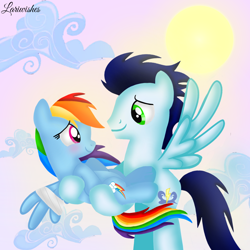 Size: 1400x1400 | Tagged: safe, artist:mlplary6, rainbow dash, soarin', pegasus, pony, g4, bandage, bandaged wing, blushing, boyfriend and girlfriend, carrying, cloud, duo, female, flying, injured wing, looking at each other, looking at someone, male, mare, romantic, ship:soarindash, shipping, sky, smiling, smiling at each other, stallion, straight, sun, wings