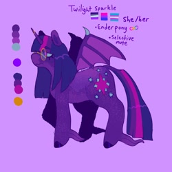 Size: 1440x1440 | Tagged: safe, artist:ariariari.png, twilight sparkle, alicorn, bat pony, bat pony alicorn, enderman, enderpony, pony, g4, alternate universe, asexual, asexual pride flag, bat wings, bisexual pride flag, bisexuality, claws, color palette, colored eartips, colored hooves, colored pinnae, endermare, female, glasses, horn, horn ring, lavender background, long feather, long fetlocks, mare, minecraft, mute, neurodivergent, ponified, pride, pride flag, pronouns, raised hoof, reference sheet, ring, round glasses, selective mute, simple background, solo, spread wings, transgender, transgender pride flag, unshorn fetlocks, wing claws, wings