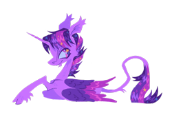 Size: 1280x855 | Tagged: safe, artist:webkinzworldz, twilight sparkle, alicorn, pony, g4, alternate hairstyle, cloven hooves, colored wings, ear tufts, facial hair, folded wings, goatee, leonine tail, looking back, lying down, multicolored wings, on side, redraw, short hair, simple background, solo, sparkly mane, sparkly tail, starry eyes, starry mane, tail, transparent background, twilight sparkle (alicorn), unshorn fetlocks, wingding eyes, wings