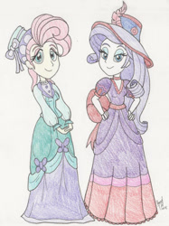 Size: 1048x1400 | Tagged: safe, artist:bageloftime, fluttershy, rarity, human, equestria girls, g4, clothes, dress, duo, female, gown, hat, long dress, long skirt, skirt, traditional art, western