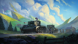 Size: 3840x2160 | Tagged: safe, artist:mrscroup, oc, oc only, earth pony, pony, unicorn, equestria at war mod, building, cloud, cromwell, detailed background, fence, flower, grass, gun, helmet, high res, house, mountain, rock, scenery, scenery porn, soldier, soldier pony, tank (vehicle), tree, valley, weapon