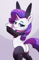 Size: 1161x1771 | Tagged: safe, artist:pabbley, rarity, pony, unicorn, g4, bedroom eyes, bipedal, bunny suit, butt, clothes, female, looking at you, looking back, looking back at you, mare, plot, rearity, reverse bunny suit, solo