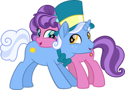 Size: 3090x2221 | Tagged: safe, artist:starryshineviolet, petunia petals, sunny skies, earth pony, pony, unicorn, g4, my little pony: rainbow roadtrip, bowtie, cute, duo, female, flower, flower in hair, hat, high res, hug, hug from behind, looking at each other, looking at someone, male, mare, petalbetes, petuniasky, shipping, simple background, smiling, smiling at each other, stallion, straight, sunnydorable, top hat, transparent background, vector