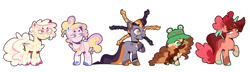 Size: 3990x1153 | Tagged: safe, artist:destinybluez, artist:selenaede, oc, oc only, oc:limelight rivet, oc:milky way (destinybluez), oc:rocky road, oc:spider cookie, oc:sugar cookie, earth pony, pegasus, pony, unicorn, apron, base used, chest fluff, clothes, cloven hooves, female, hat, male, mare, offspring, parent:cheese sandwich, parent:pinkie pie, parents:cheesepie, siblings, simple background, spiked wristband, stallion, white background, wristband