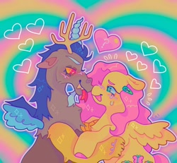 Size: 1440x1330 | Tagged: safe, artist:ariariari.png, discord, fluttershy, draconequus, pegasus, pony, g4, blushing, colored hooves, duo, duo male and female, eyebrows, female, hairclip, heart, looking at each other, looking at someone, male, mare, mismatched wings, nose to nose, question mark, ship:discoshy, shipping, signature, smiling, smiling at each other, spread wings, straight, tongue out, wings