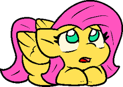 Size: 311x220 | Tagged: safe, alternate character, alternate version, artist:zutcha, fluttershy, pegasus, pony, g4, cute, female, frown, looking up, lying down, mare, open mouth, ponyloaf, prone, shyabetes, simple background, solo, transparent background