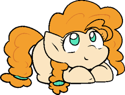 Size: 369x280 | Tagged: safe, alternate character, alternate version, artist:zutcha, pear butter, earth pony, pony, g4, cute, female, looking up, lying down, mare, pearabetes, ponyloaf, prone, simple background, smiling, solo, transparent background