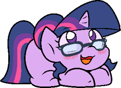 Size: 322x235 | Tagged: safe, alternate character, alternate version, artist:zutcha, sci-twi, twilight sparkle, pony, unicorn, g4, blush sticker, blushing, equestria girls ponified, female, lying down, mare, open mouth, open smile, ponyloaf, prone, simple background, smiling, solo, transparent background, unicorn sci-twi