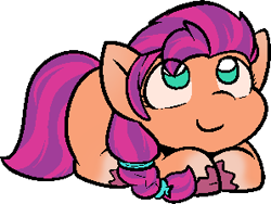 Size: 298x224 | Tagged: safe, alternate character, alternate version, artist:zutcha, sunny starscout, earth pony, pony, g5, cute, eye clipping through hair, female, looking up, lying down, mare, ponyloaf, prone, simple background, smiling, solo, sunnybetes, transparent background