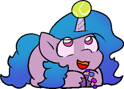 Size: 361x259 | Tagged: safe, alternate character, alternate version, artist:zutcha, izzy moonbow, pony, unicorn, g5, ball, cute, eye clipping through hair, female, horn, hornball, izzy's tennis ball, izzybetes, looking up, lying down, mare, open mouth, open smile, ponyloaf, prone, simple background, smiling, solo, tennis ball, transparent background