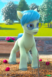 Size: 625x909 | Tagged: safe, screencap, seagreen, earth pony, pony, g5, my little pony: make your mark, my little pony: make your mark chapter 2, the cutie mark mix-up, spoiler:my little pony: make your mark, spoiler:my little pony: make your mark chapter 2, spoiler:mymc02e05, 3d, cropped, female, flower, glasses, mare, outdoors, solo, tree, unshorn fetlocks