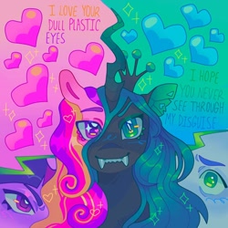 Size: 1440x1440 | Tagged: safe, artist:ariariari.png, princess cadance, queen chrysalis, shining armor, twilight sparkle, changeling, changeling queen, pony, g4, cats millionaire, crown, disguise, disguised changeling, heart, jewelry, looking at you, lyrics, regalia, solo focus, song reference, text