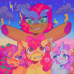 Size: 1440x1440 | Tagged: safe, artist:ariariari.png, apple bloom, babs seed, scootaloo, sweetie belle, earth pony, pony, g4, crying, cutie mark crusaders, flower, flower in hair, food, group, ice cream, quartet, seeds, storm, sweat, sweatdrops, tomato, tomatoes