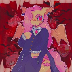 Size: 1440x1440 | Tagged: safe, artist:ariariari.png, fluttershy, bat pony, pony, semi-anthro, g4, arm hooves, bat ears, bat ponified, bat wings, clothes, colored, dress, ear piercing, flutterbat, fluttergoth, hair over one eye, jewelry, necklace, piercing, race swap, solo, wings