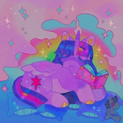 Size: 1440x1440 | Tagged: safe, artist:ariariari.png, smarty pants, twilight sparkle, alicorn, pony, g4, book, colored hooves, pillow, sleeping, solo, twilight sparkle (alicorn)