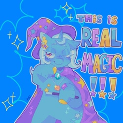 Size: 1440x1440 | Tagged: safe, artist:ariariari.png, trixie, pony, unicorn, g4, cape, clothes, ear piercing, hat, magic wand, one eye closed, piercing, solo, text, trixie's cape, trixie's hat, wink