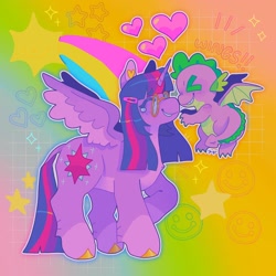 Size: 1440x1440 | Tagged: safe, artist:ariariari.png, spike, twilight sparkle, alicorn, dragon, pony, g4, colored hooves, duo, glasses, heart, nose to nose, spread wings, sun, teary eyes, twilight sparkle (alicorn), winged spike, wings