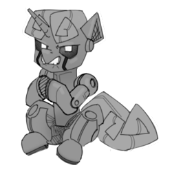 Size: 315x315 | Tagged: safe, artist:adobewtf, sweetie belle, pony, robot, robot pony, g4, digital art, evil smile, grin, metal, monochrome, simple background, smiling, solo, steel, sweetie bot, transparent background