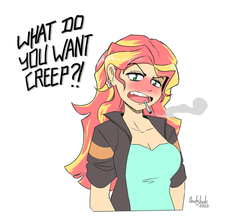 [blushing,breasts,cigarette,cleavage,equestria girls,female,human,safe,simple background,smoking,solo,talking to viewer,white background,sunset shimmer,artist:0ndshok,busty sunset shimmer]