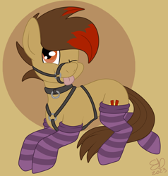 Size: 2000x2100 | Tagged: safe, artist:sanic-x, oc, oc only, oc:raunches, earth pony, pony, brown background, clothes, collar, digital art, female, halter, harness, high res, mare, one eye closed, simple background, socks, solo, striped socks, tack, thigh highs, tongue out, wink
