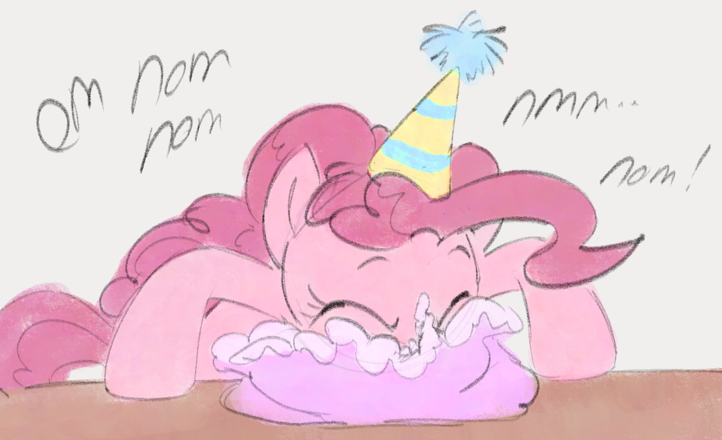 [artist:dotkwa,cake,cute,earth pony,eating,eyes closed,female,food,hat,mare,nom,party hat,pinkie pie,pony,safe,simple background,solo,diapinkes,messy eating,gray background]
