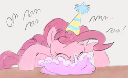 Size: 1045x637 | Tagged: safe, artist:dotkwa, pinkie pie, earth pony, pony, g4, cake, cute, diapinkes, eating, eyes closed, female, food, gray background, hat, mare, messy eating, nom, party hat, simple background, solo