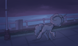 Size: 1142x676 | Tagged: safe, anonymous artist, misty brightdawn, pony, unicorn, series:misty pov, g5, female, limited palette, mare, maretime bay, ocean, pole, railing, sad, scared, shaking, solo, streetlight, unshorn fetlocks, water