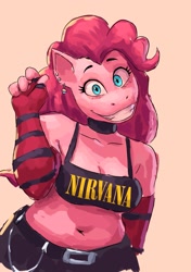 Size: 1441x2048 | Tagged: safe, artist:redustheriotact, pinkie pie, earth pony, anthro, g4, belly button, breasts, busty pinkie pie, choker, cleavage, clothes, ear piercing, earring, female, gloves, grin, jewelry, looking at you, mare, midriff, orange background, piercing, plump, simple background, smiling, smiling at you, solo, striped gloves