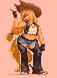Size: 1500x2048 | Tagged: safe, artist:redustheriotact, applejack, earth pony, anthro, plantigrade anthro, g4, belly button, boots, breasts, busty applejack, chaps, chubby, cleavage, clothes, cowboy boots, daisy dukes, female, fingerless gloves, gloves, leather, leather vest, mare, midriff, pink background, plump, shoes, shorts, simple background, smiling, solo, spurs, vest