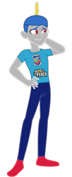 Size: 708x1743 | Tagged: safe, artist:smbros, oc, oc only, oc:capri sun boy, human, equestria girls, g4, blue hair, caprisun, clothes, drink, drinking straw, hat, humanized, juice, pouch, red shoes, shirt, simple background, solo, t-shirt, transparent background