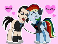 Size: 1366x1024 | Tagged: safe, artist:mlpcartel, original species, pegasus, pony, human head pony, abomination, cheek kiss, duo, heart, kissing, leash, marilyn manson, not salmon, rainbine, shipping, trace, wat