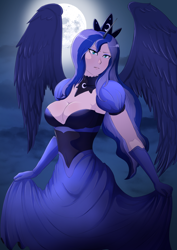 Size: 2894x4093 | Tagged: safe, artist:symptom99, princess luna, human, g4, alicorn humanization, big breasts, breasts, busty princess luna, cleavage, clothes, crown, dress, female, gown, high res, horn, horned humanization, humanized, jewelry, looking at you, regalia, solo, strapless, winged humanization, wings