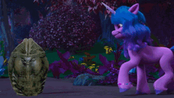 Size: 1280x720 | Tagged: safe, artist:torpy-ponius, edit, edited screencap, editor:torpy, screencap, izzy moonbow, alien, facehugger, pony, unicorn, g5, my little pony: make your mark, my little pony: make your mark chapter 4, spoiler:g5, spoiler:my little pony: make your mark chapter 4, spoiler:mymc04e01, alien (franchise), animated, egg, female, flower, mare, this will end in death, this will end in pain, this will not end well, webm