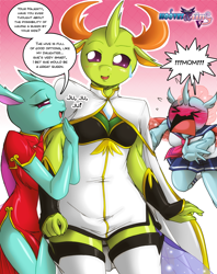 Size: 1500x1891 | Tagged: safe, artist:boastudio, ocellus, spiracle, thorax, changedling, changeling, anthro, g4, ><, blushing, breasts, clothes, eyebrows, eyes closed, female, frown, king thorax, male, mother and child, mother and daughter, mother's day, open mouth, open smile, school uniform, signature, smiling, speech bubble, trio, uniform