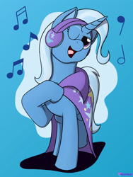 Size: 1500x1995 | Tagged: safe, artist:passionpanther, trixie, pony, unicorn, series:ponies with headphones, g4, blue background, cape, clothes, headphones, music notes, one eye closed, open mouth, open smile, simple background, smiling, solo, trixie's cape, vibing, wink